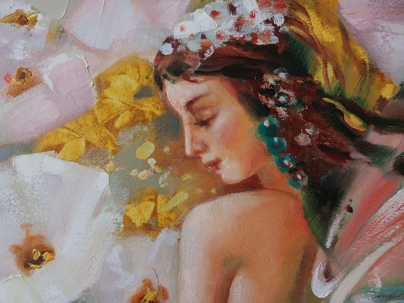 Abstract oil painting of woman with spring flowers by Anatoly Tarabanov