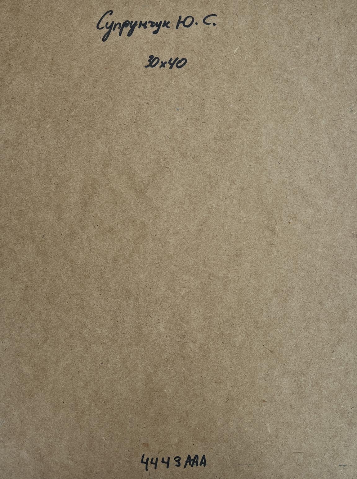 Back of Yuriy Suprunchuk oil painting Loading hay in winter: brown textured paper with Cyrillic text and measurements