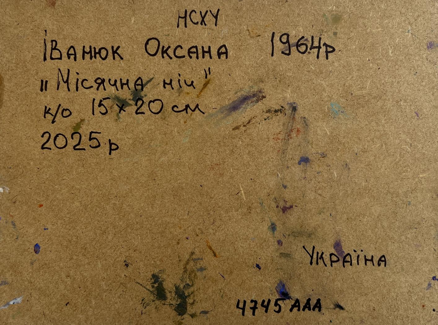 Back of Oksana Ivanyuk oil painting Moonlit winter night with handwritten artist name and title on brown cardboard