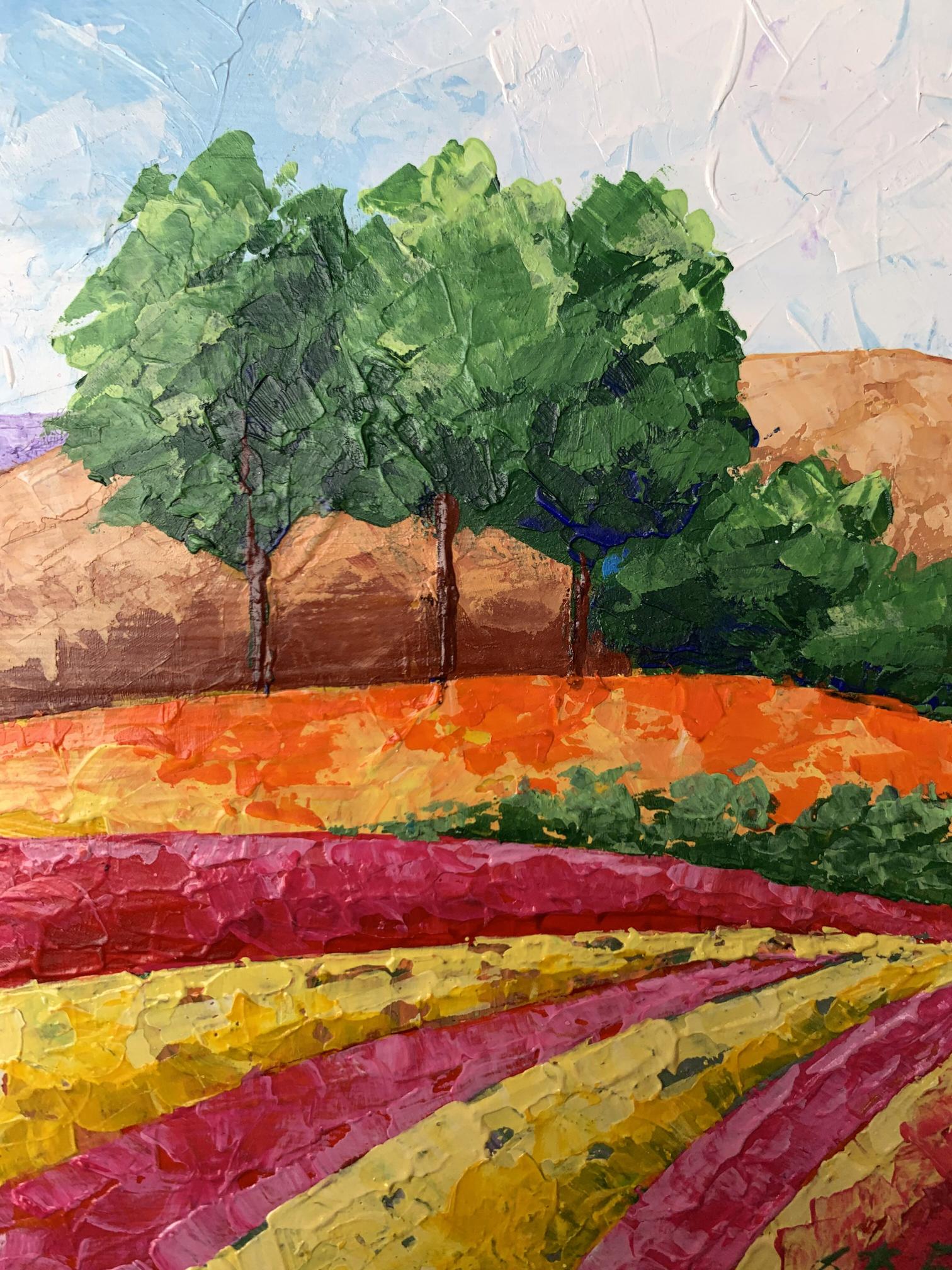 Vibrant oil painting of mountain fields by V. Zadorozhnya with bold green trees
