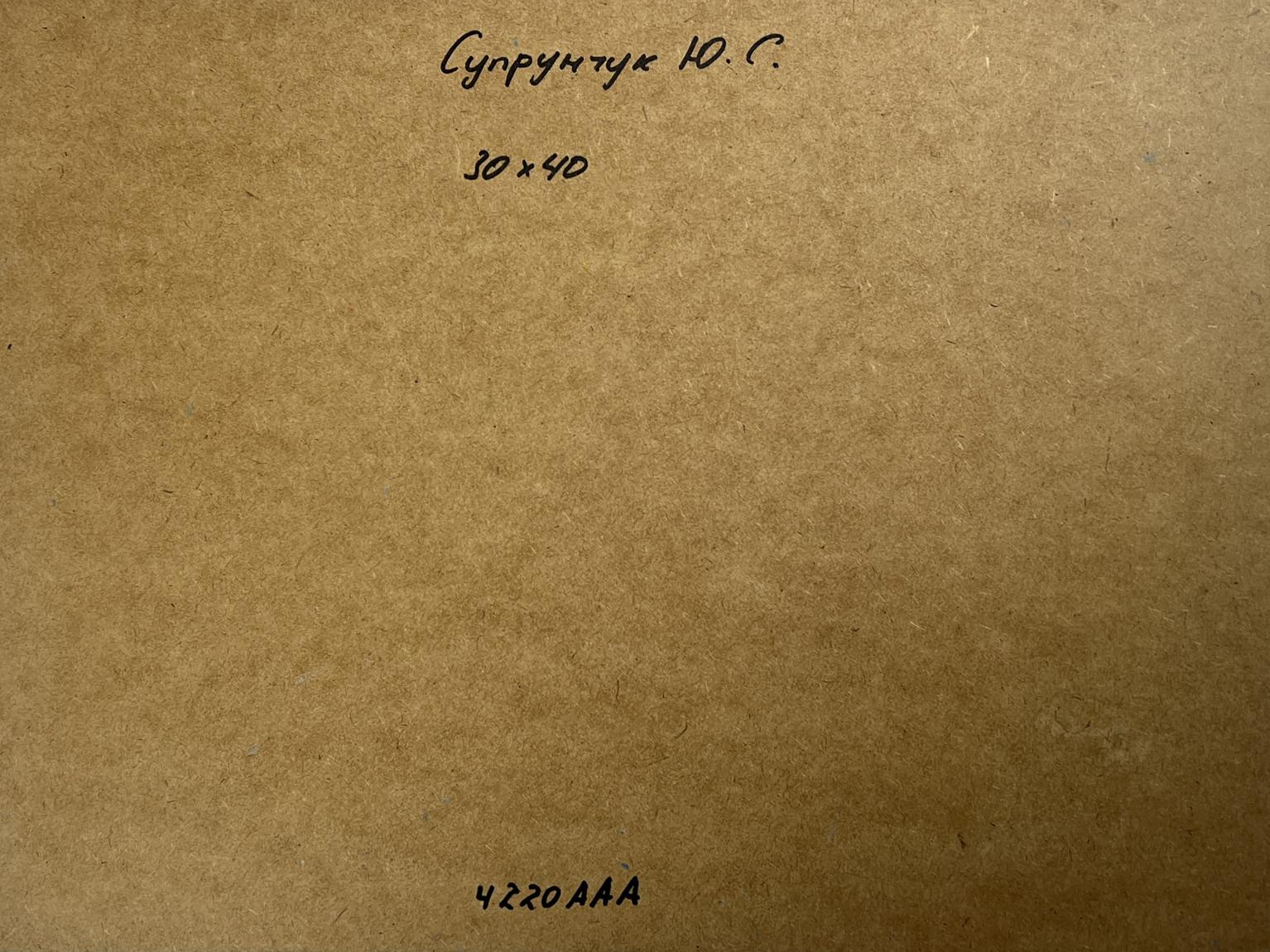 Back of Yuriy Suprunchuk oil painting Harbor at the foot of the hills with handwritten Cyrillic text and measurements on brown cardboard