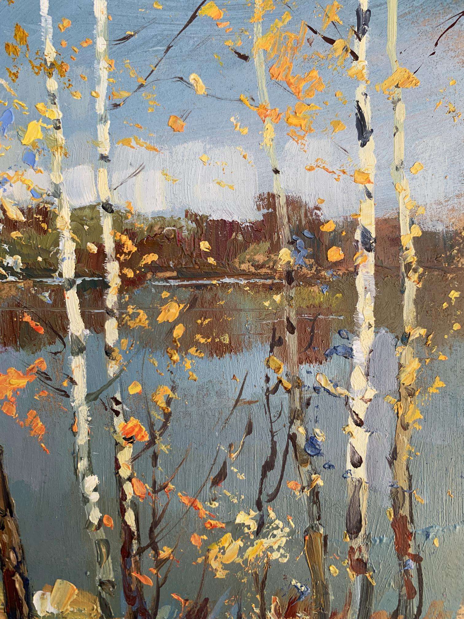 Oil painting View through the birches by Yuriy Suprunchuk: birch trees by lake