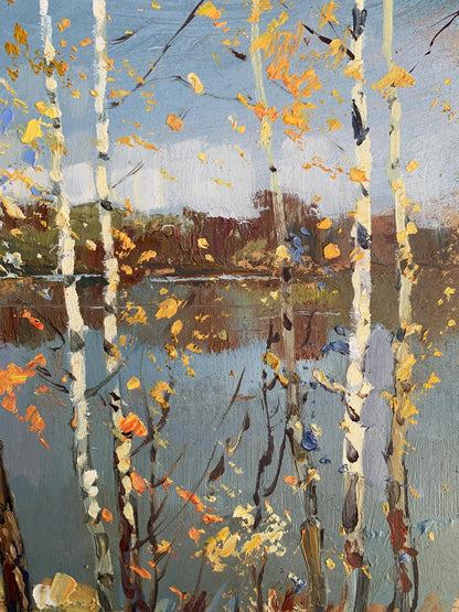 Oil painting View through the birches by Yuriy Suprunchuk: birch trees by lake