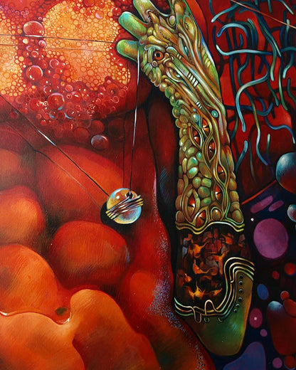 Surreal biomechanical hand from Agnihotra oil painting by Konsta G. Amelinn