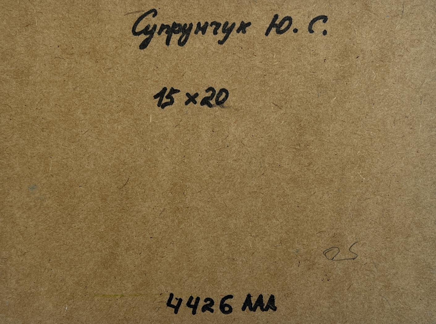 Back of Yuriy Suprunchuk oil painting Good fishing holiday with handwritten Cyrillic text and measurements on brown cardboard