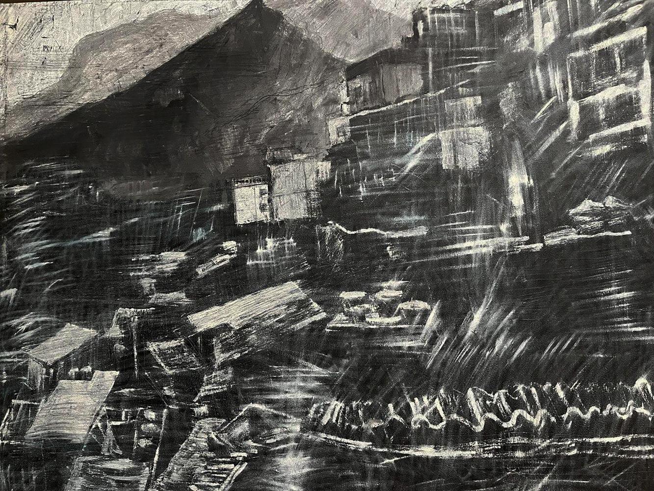 Charcoal sketch of Oil painting City Twilight by Serhiy Kovalev