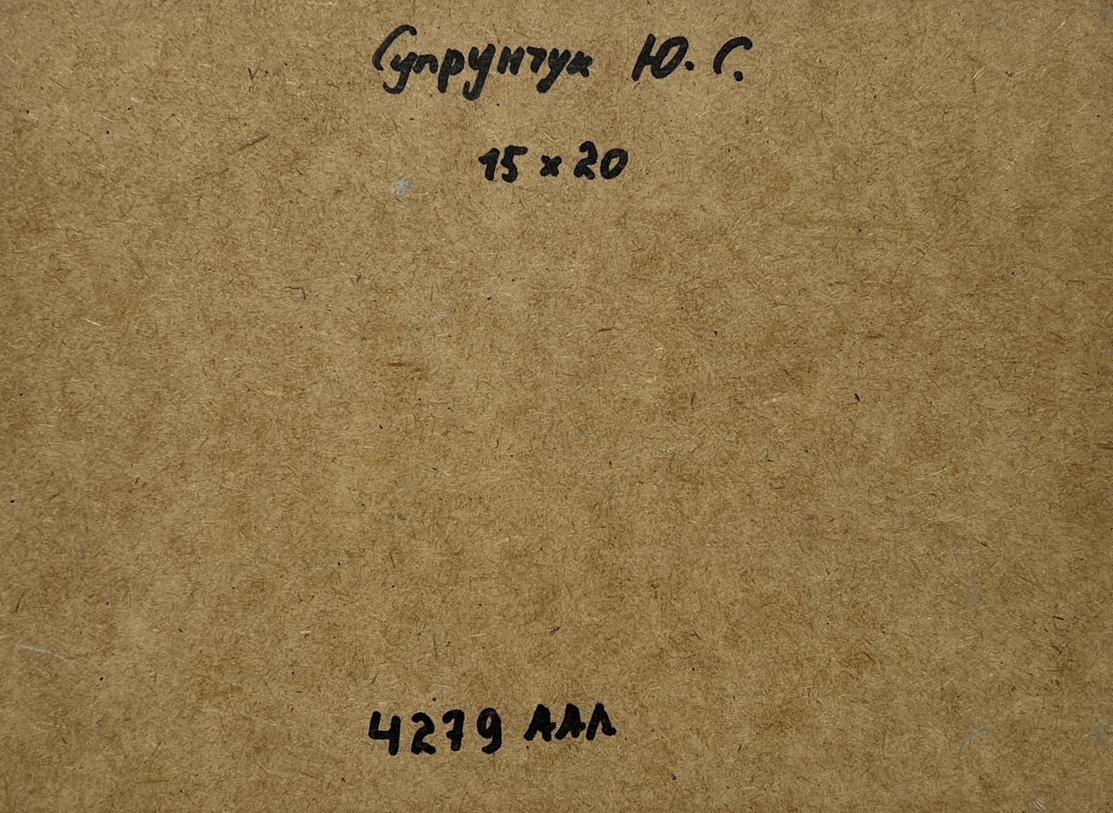 Back of Yuriy Suprunchuk Oil painting Winter twilight: brown cardboard with Cyrillic text and measurements