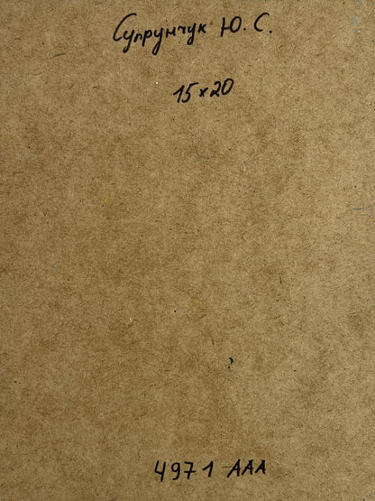 Back of Yuriy Suprunchuk oil painting Autumn city park with brown textured paper Cyrillic text and numbers