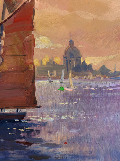 Oil painting of evening sailboat with reddish-brown sail at sea by Yuriy Suprunchuk