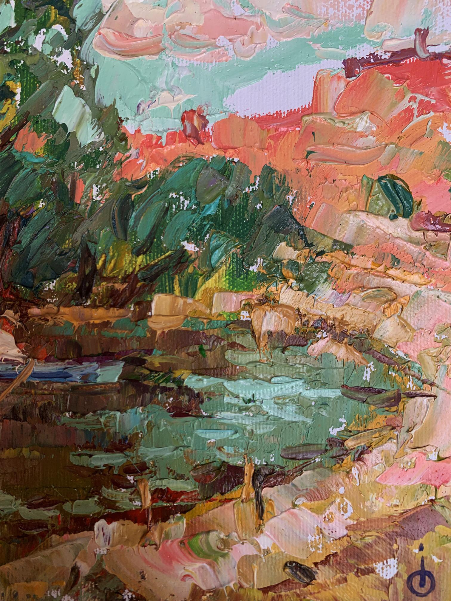 Oil painting On a blue boat by Oleksiy Ivanyuk with vibrant impressionist foliage and hills