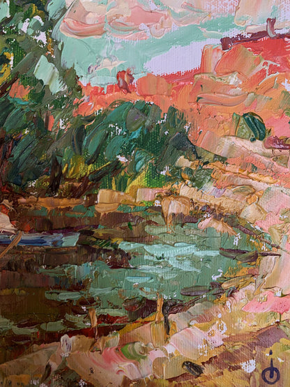 Oil painting On a blue boat by Oleksiy Ivanyuk with vibrant impressionist foliage and hills