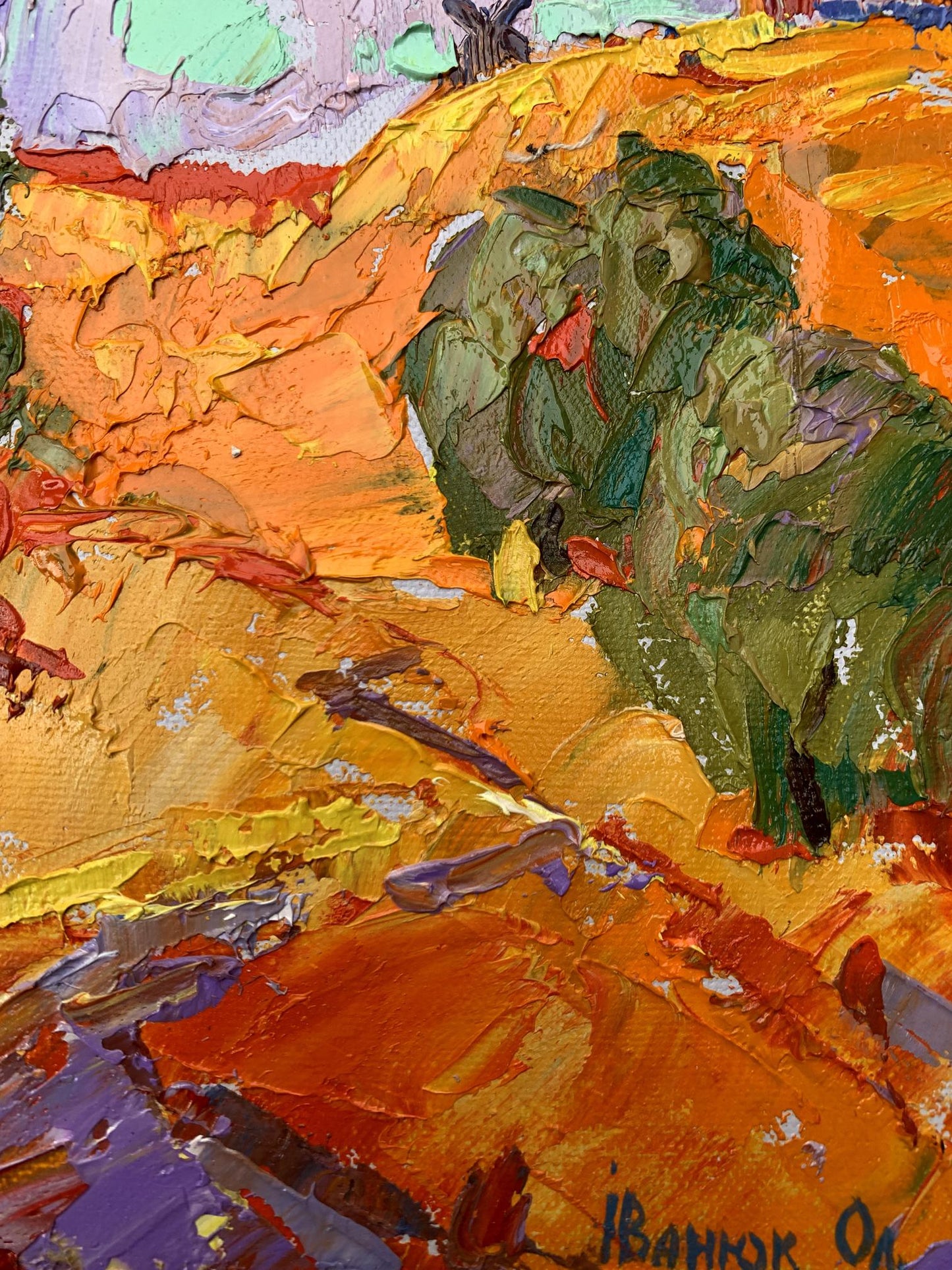 Oil painting Strong wind by Ivanyuk Oleksiy in orange, green, purple, red strokes