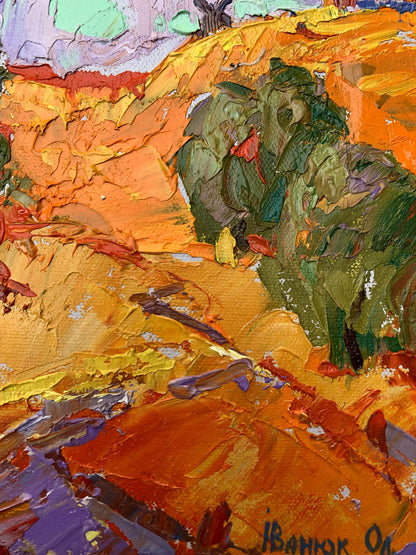 Oil painting Strong wind by Ivanyuk Oleksiy in orange, green, purple, red strokes