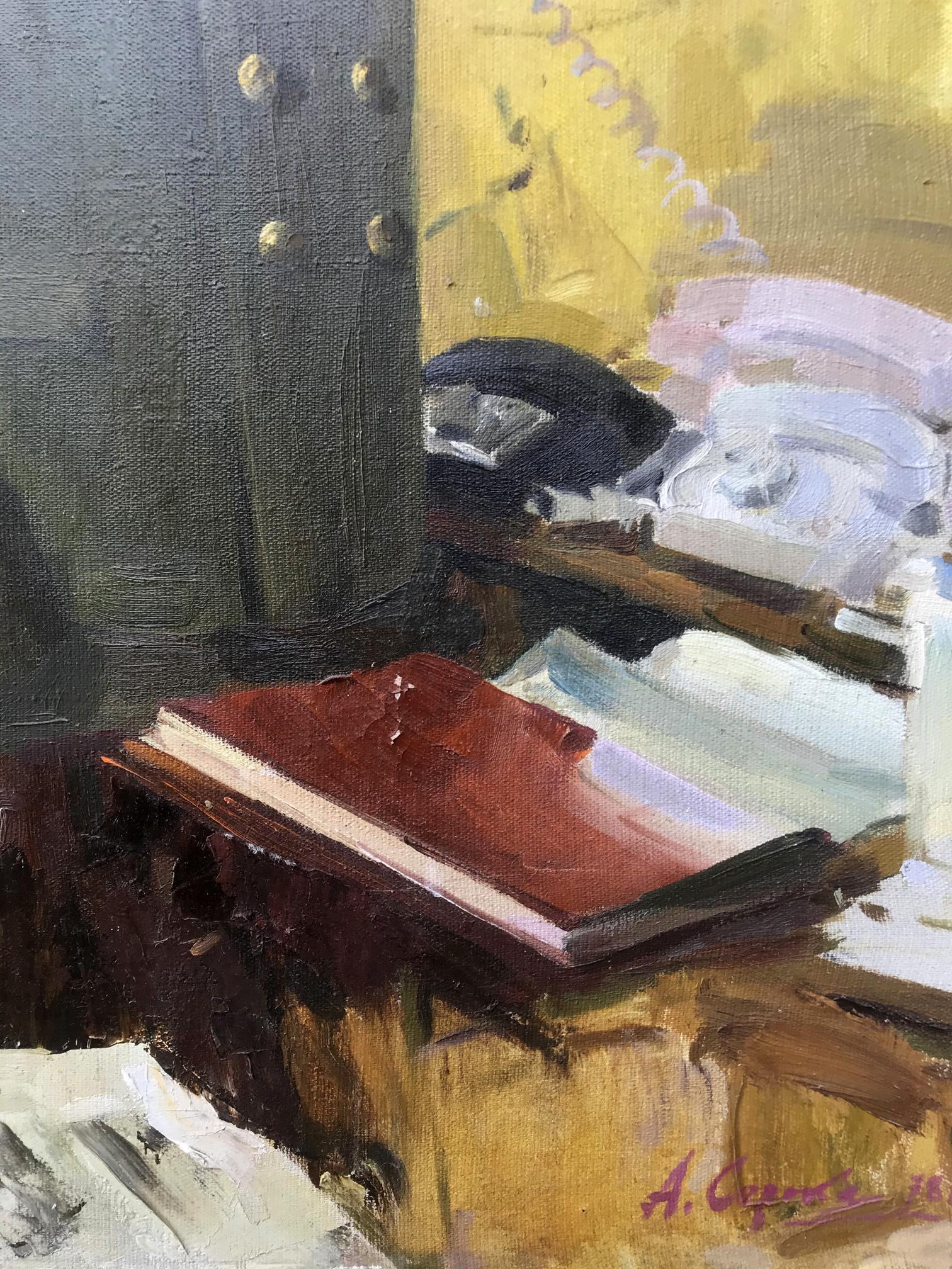 Oil painting portrait of KGB Major General Koval A.S. Soroka in open red leather book