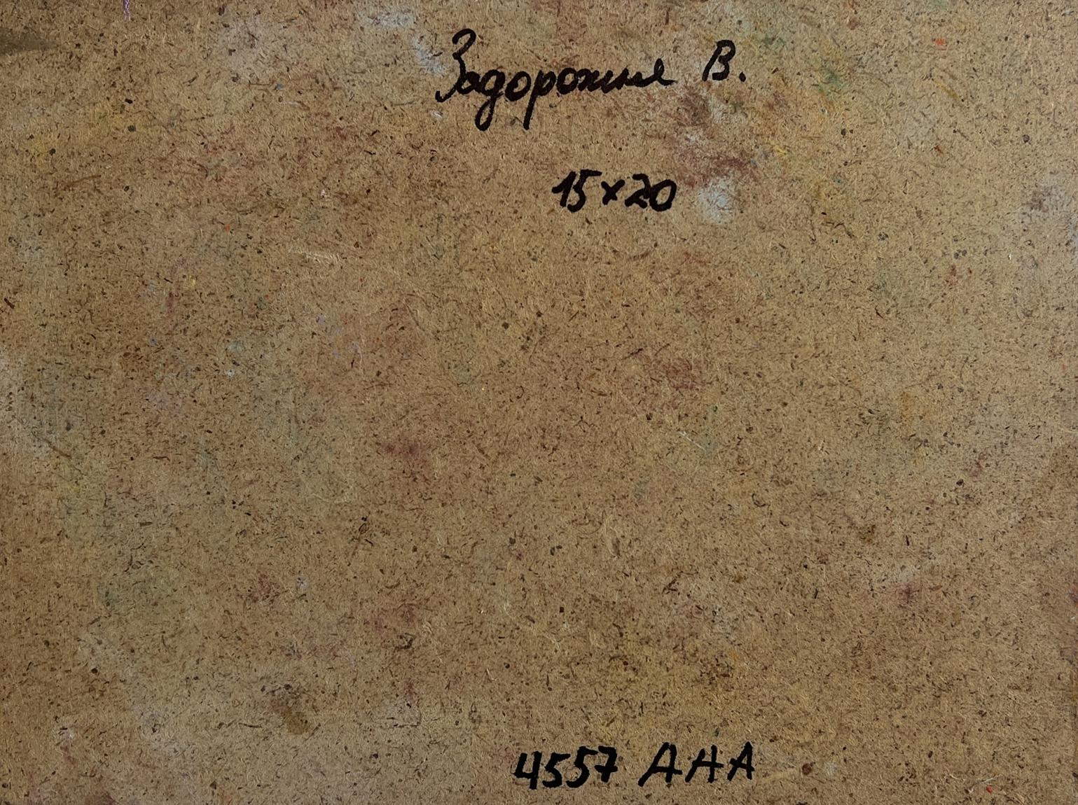 Back of V. Zadorozhnya pink sunset oil painting with Cyrillic script