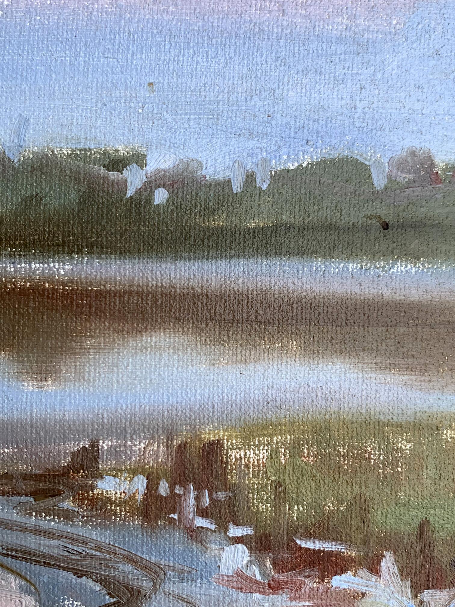 Oil painting of flooded river bank by Tatyana Derdey, serene landscape