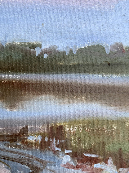 Oil painting of flooded river bank by Tatyana Derdey, serene landscape