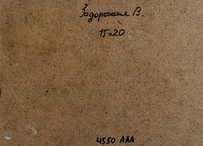 Back of V. Zadorozhnya oil painting Bright lights of sunset with brown cardboard inscription