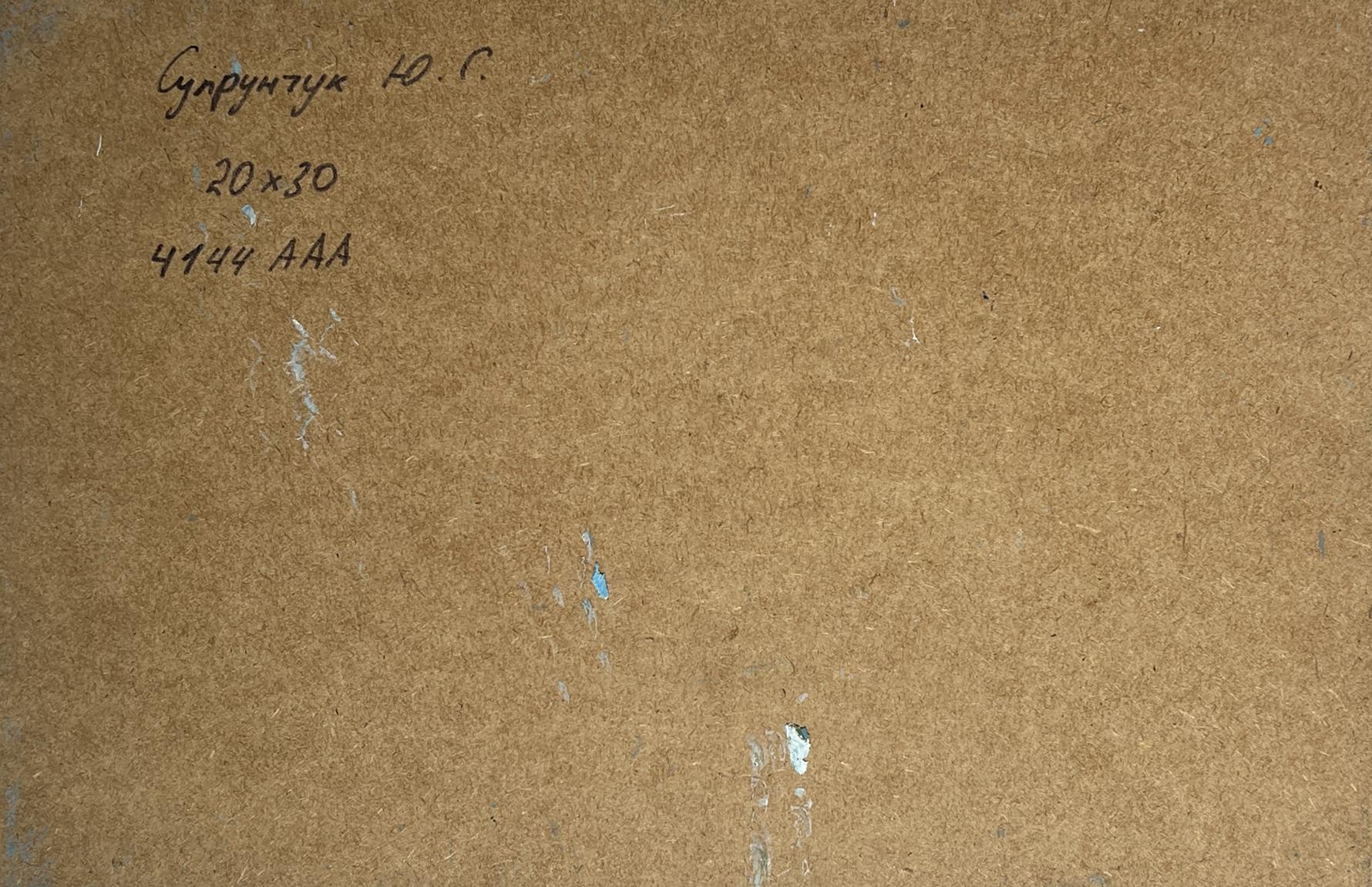 Back of Yuriy Suprunchuk oil painting Sunny day at sea with brown cardboard, handwritten markings and paint splatters