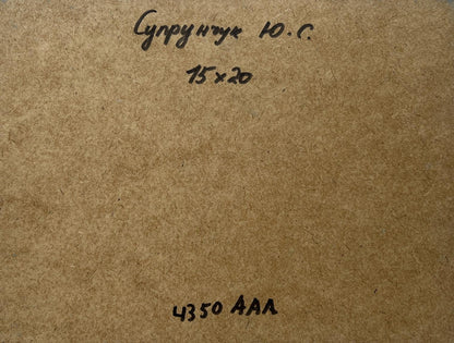 Back of Yuriy Suprunchuk oil painting Walk through the meadows with brown textured paper, handwritten Cyrillic text and measurements