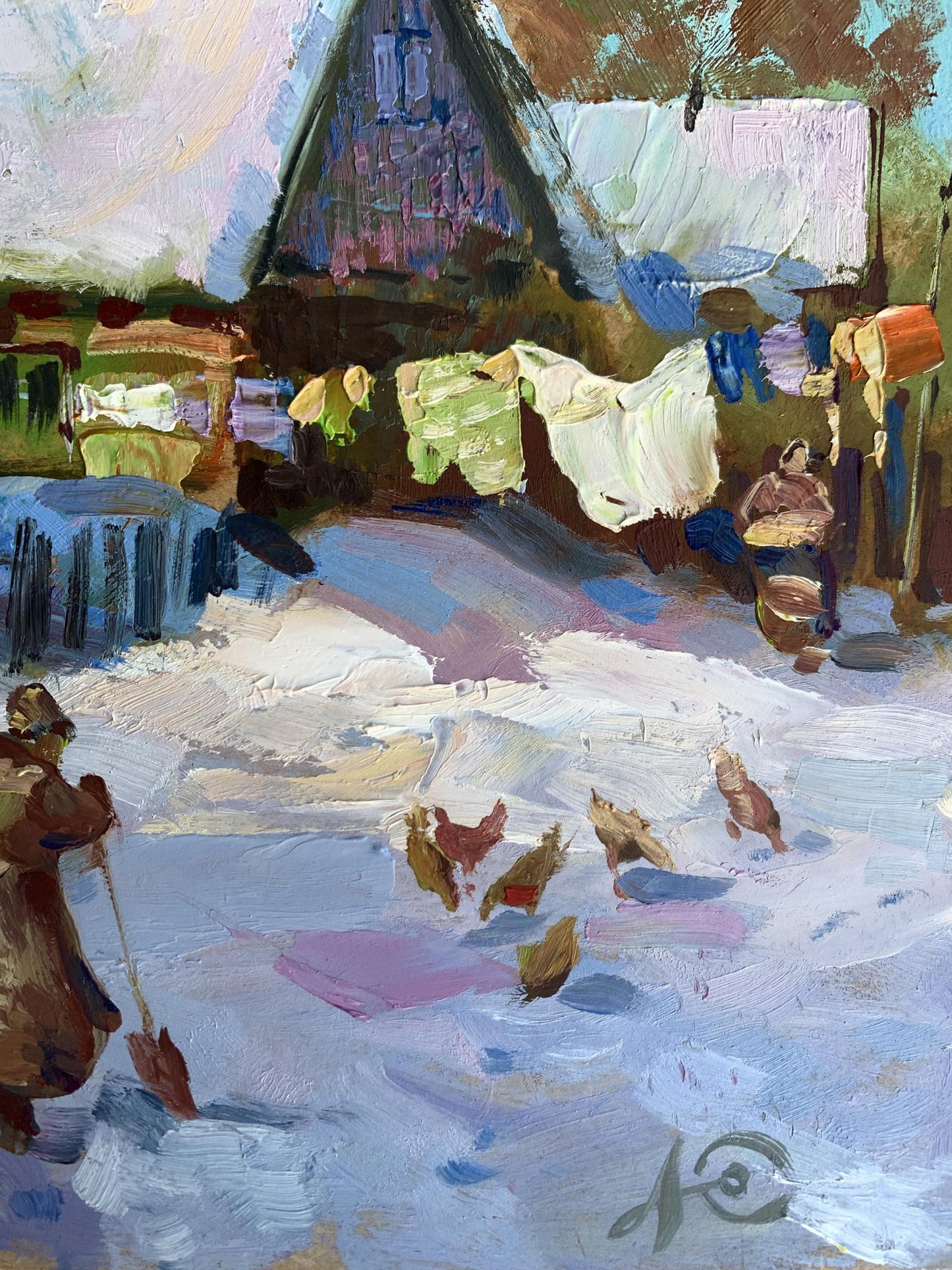 Oil painting by Yuriy Suprunchuk: rustic house with laundry in snow