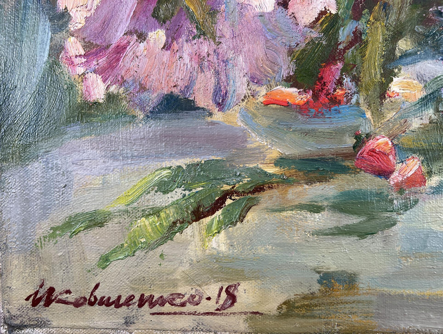 Oil painting Silent fragrance by Ivan Kovalenko with purple pink blossoms