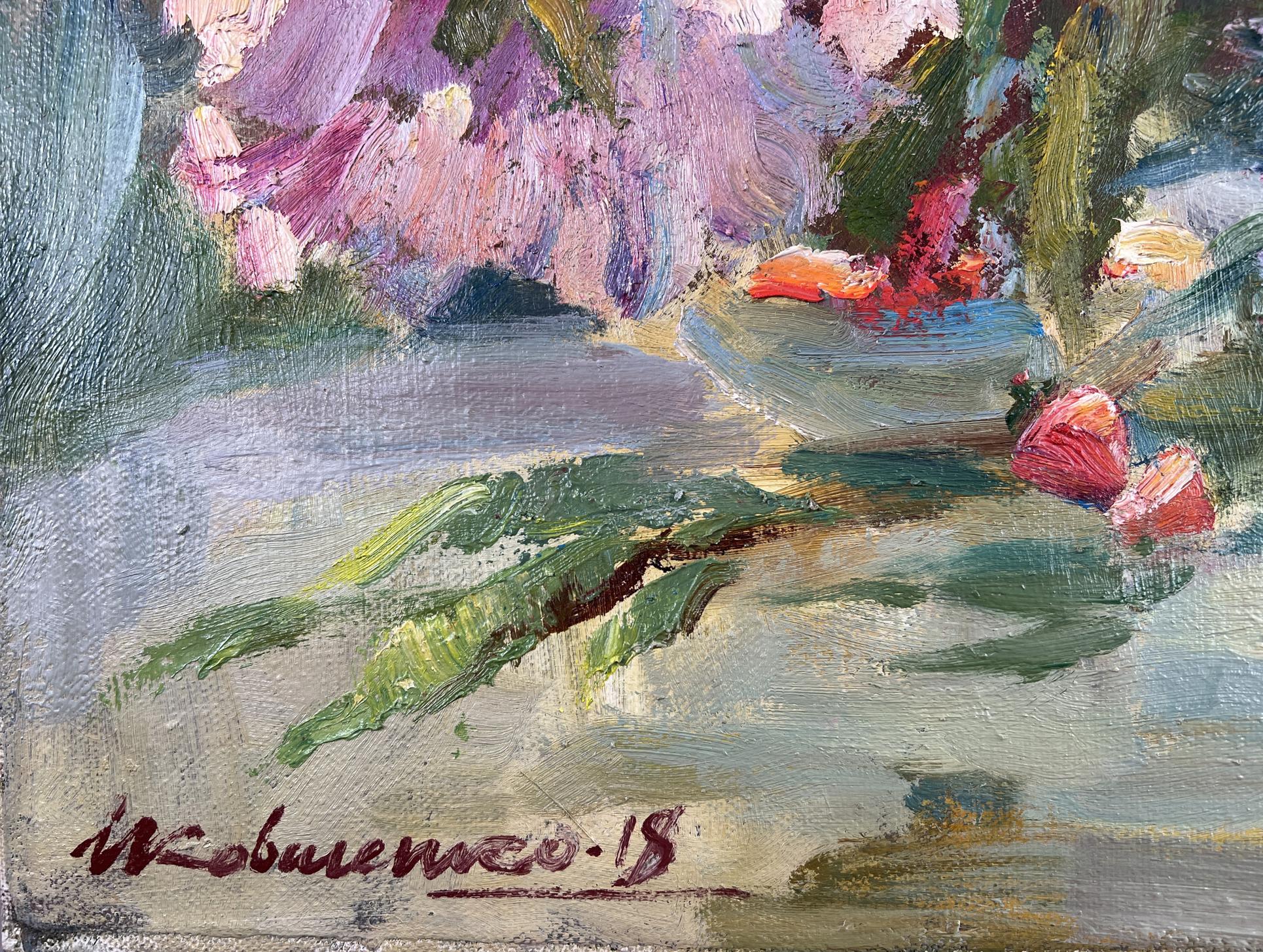 Oil painting Silent fragrance by Ivan Kovalenko with purple pink blossoms