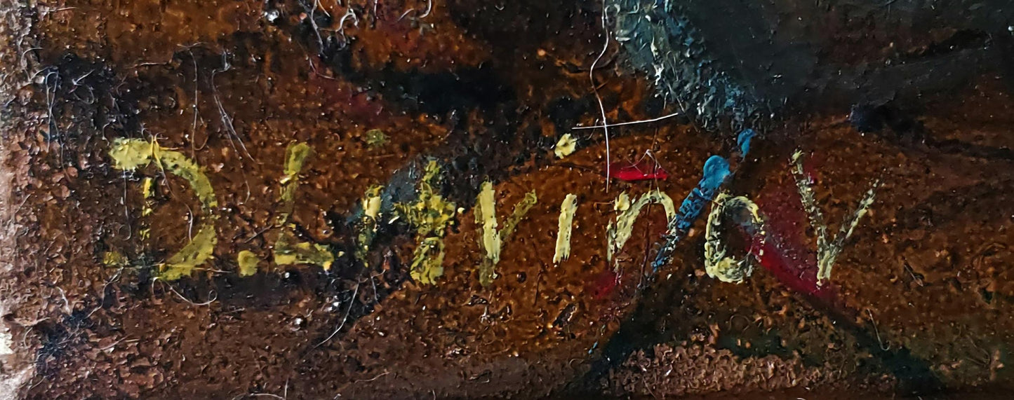 Yellow paint-splattered d signature on back of Oil painting Eclipse Daniil Litvinov