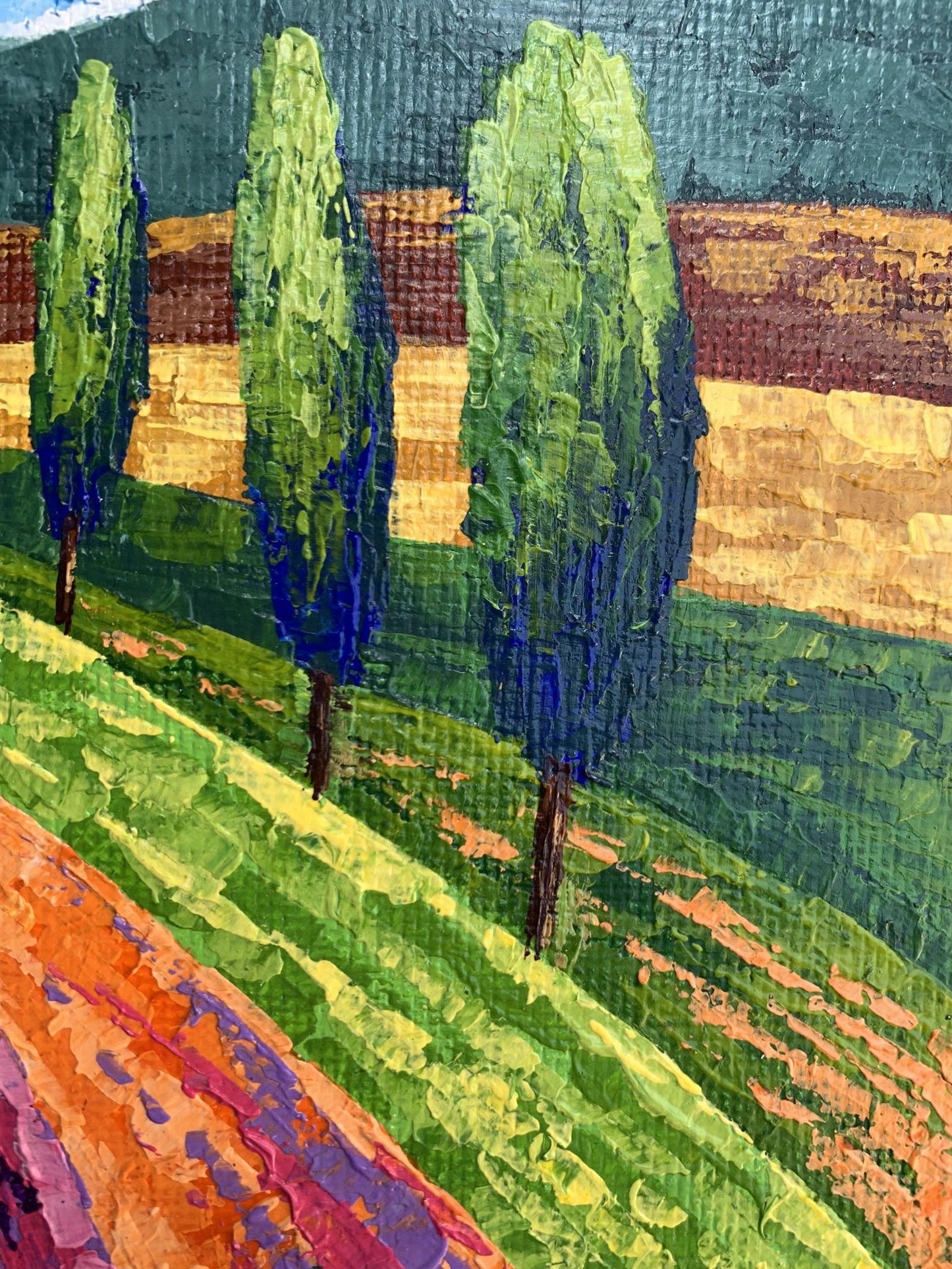 Oil painting Glade road to the mountains by V. Zadorozhnya with cypress trees