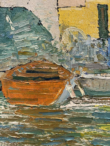 Oil painting Amplitude by Serhiy Kovalev: orange wooden rowboat with white oar