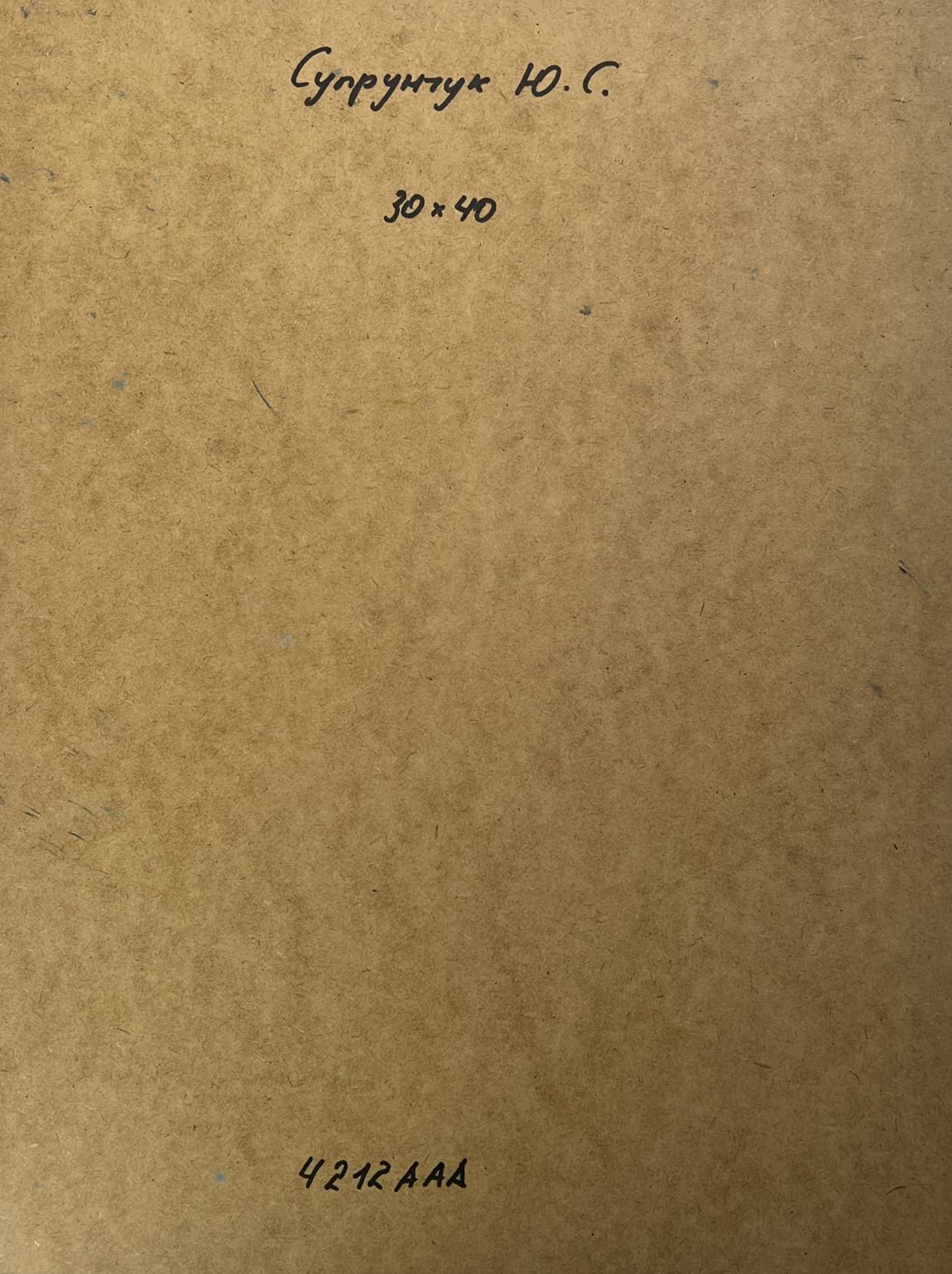 Back of Yuriy Suprunchuk Autumn in the Old Quarter oil painting with brown textured paper Cyrillic text and measurements