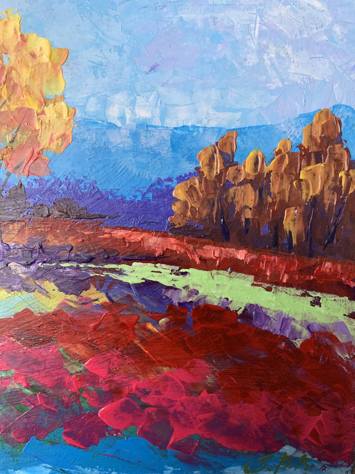 Vibrant impressionist oil painting Autumn lonely tree by V. Zadorozhnya
