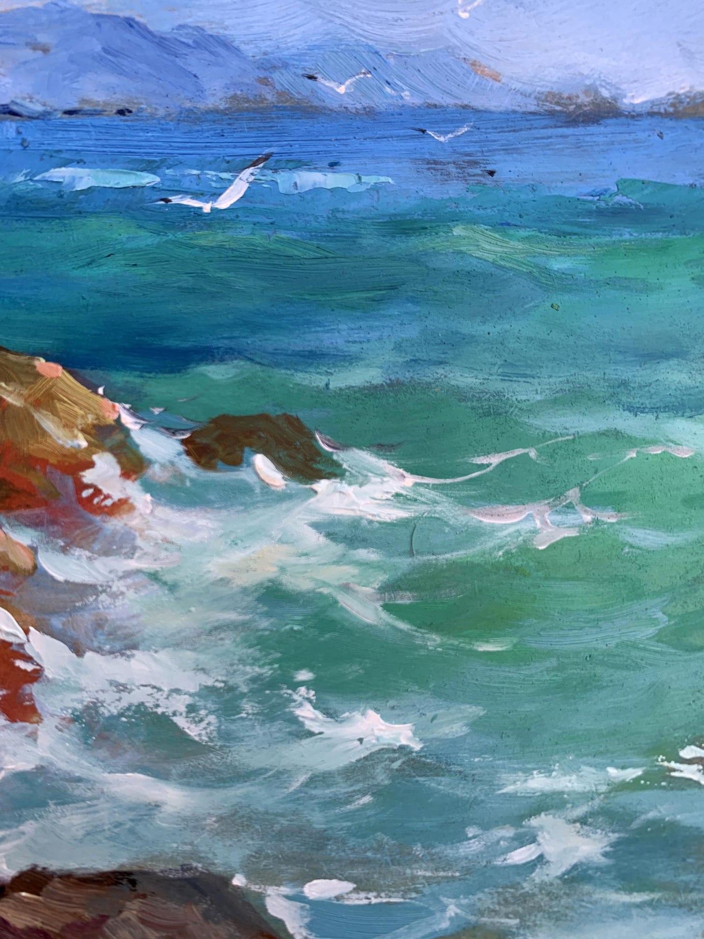 Vibrant turquoise ocean waves crashing on rugged rocks by Yuriy Suprunchuk oil painting