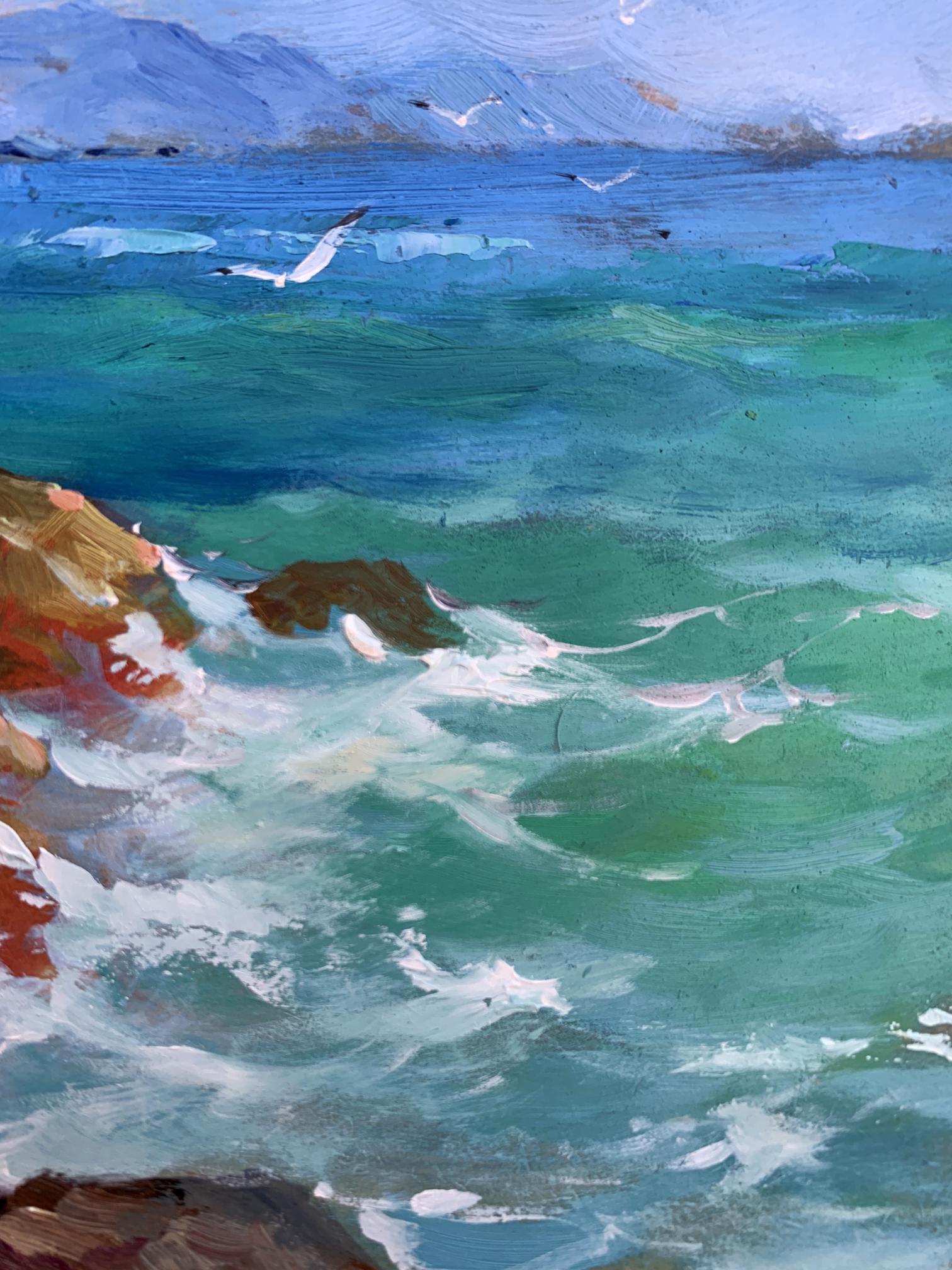 Vibrant turquoise ocean waves crashing on rugged rocks by Yuriy Suprunchuk oil painting