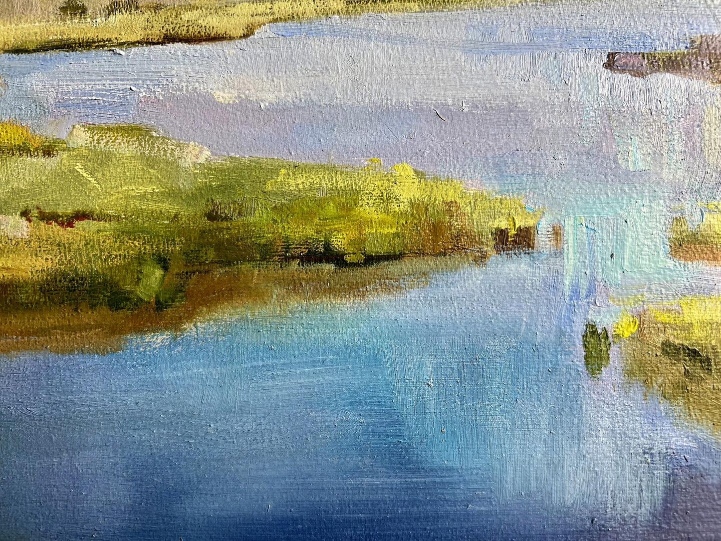 Oil painting Bright sunny summer day Tatyana Derdey serene waterway