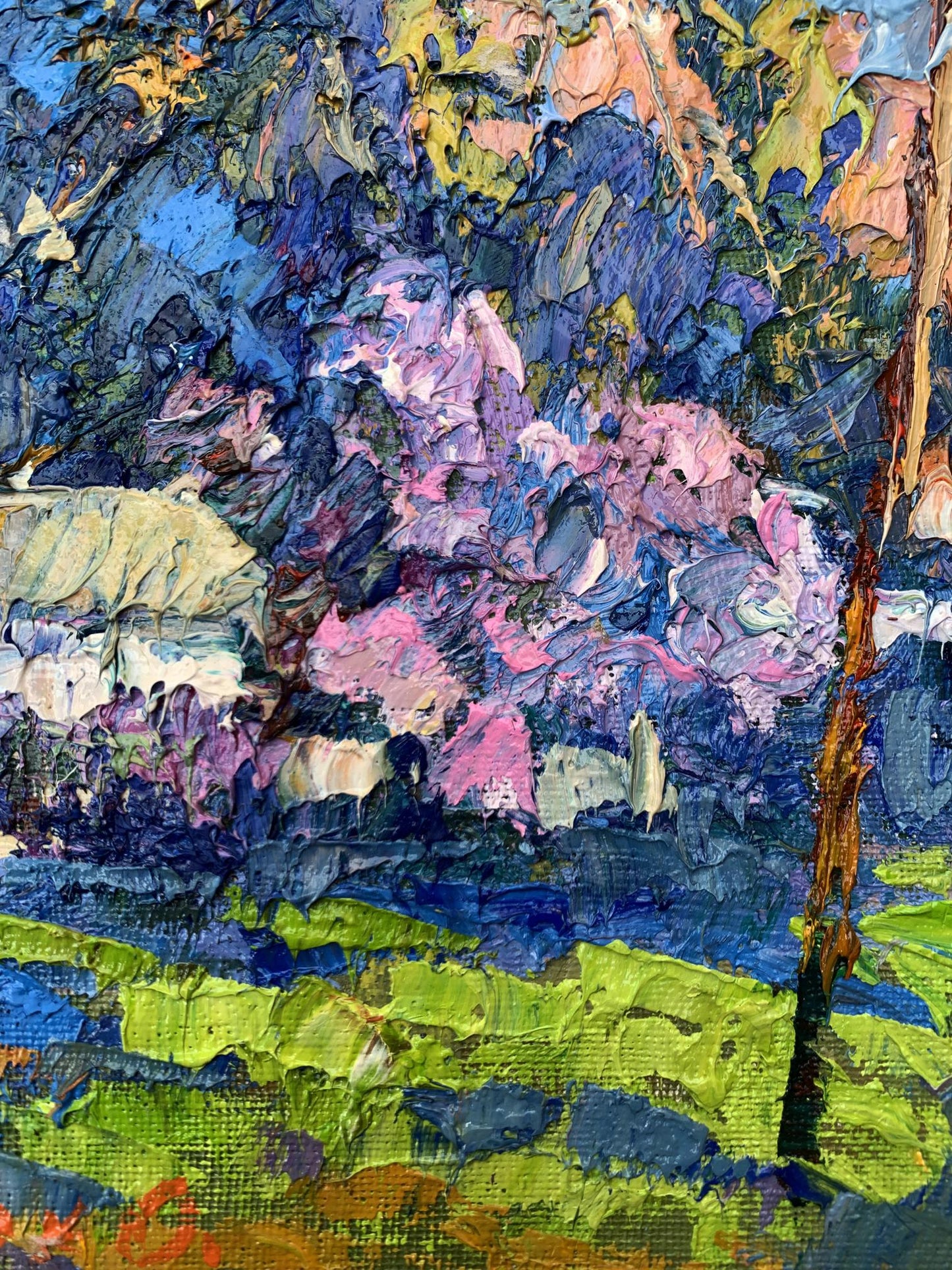Vibrant impressionist oil painting Morning walk by Oksana Ivanyuk with pink blossoms