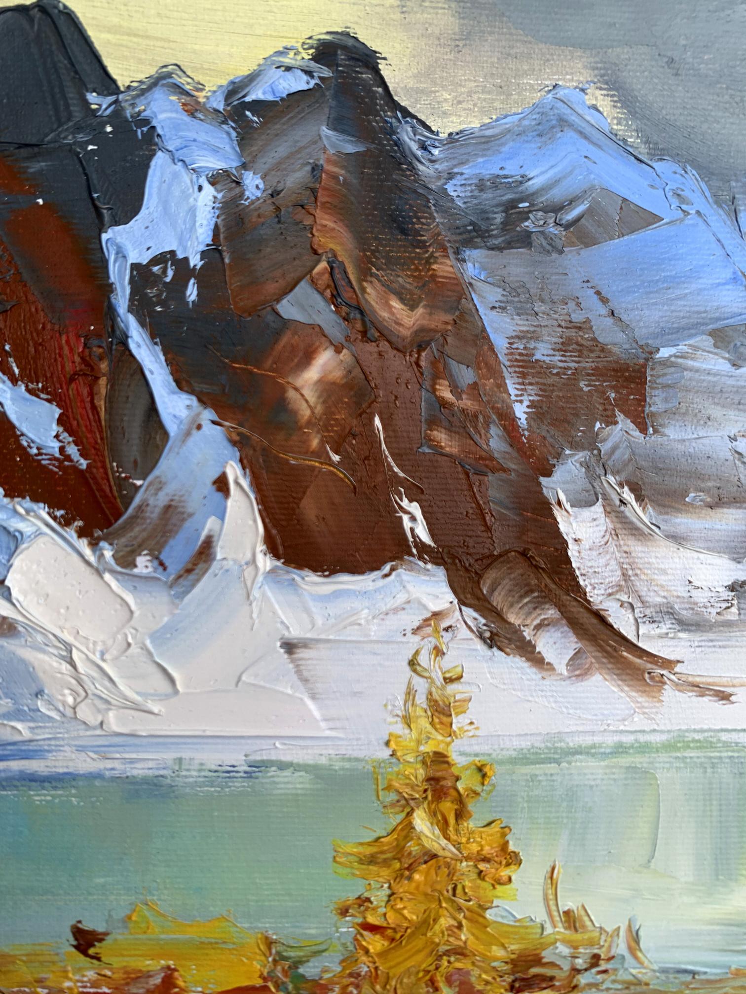 Oil painting by Tatyana Derdey: textured snow-capped mountains with yellow pine