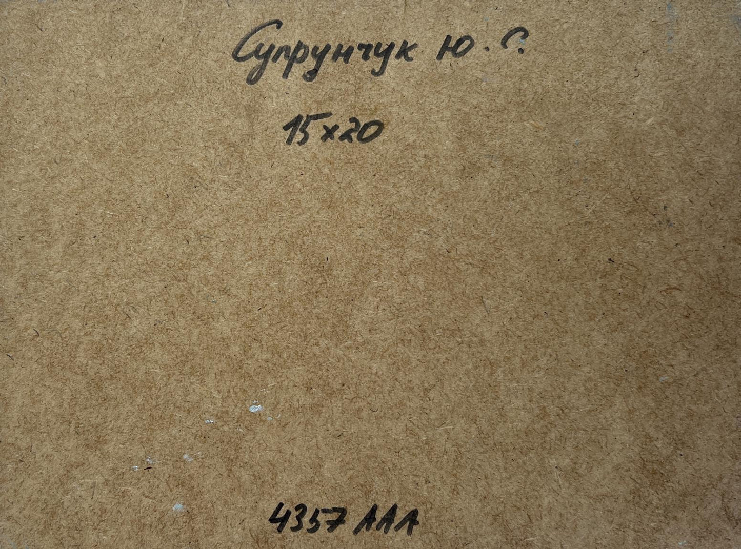 Back of Yuriy Suprunchuk oil painting Birds flying home with Cyrillic text on brown cardboard