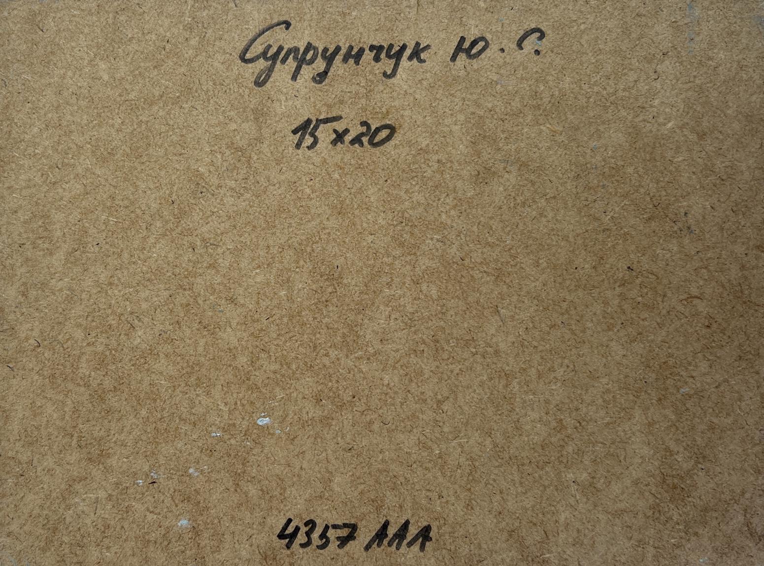 Back of Yuriy Suprunchuk oil painting Birds flying home with Cyrillic text on brown cardboard