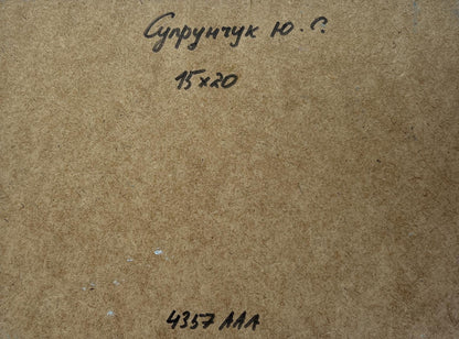 Back of Yuriy Suprunchuk oil painting Birds flying home with Cyrillic text on brown cardboard