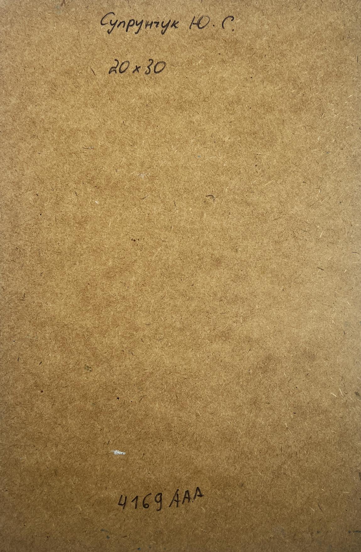 Back of Yuriy Suprunchuk oil painting Seeing off the sunset with handwritten Cyrillic text and measurements on brown cardboard
