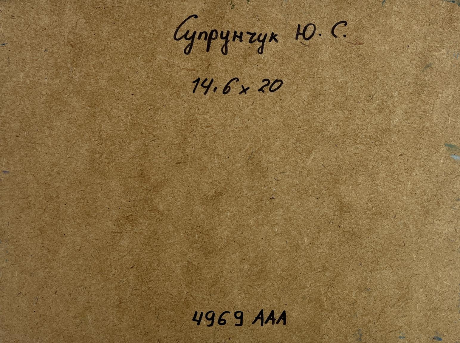 Back of Yuriy Suprunchuk oil painting Boats moored on the shore: brown textured paper with handwritten Cyrillic text and measurements