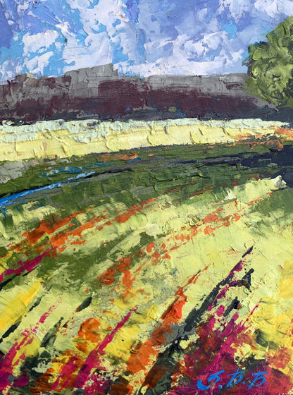 Vibrant oil painting by V. Zadorozhnya: green fields under textured blue skies