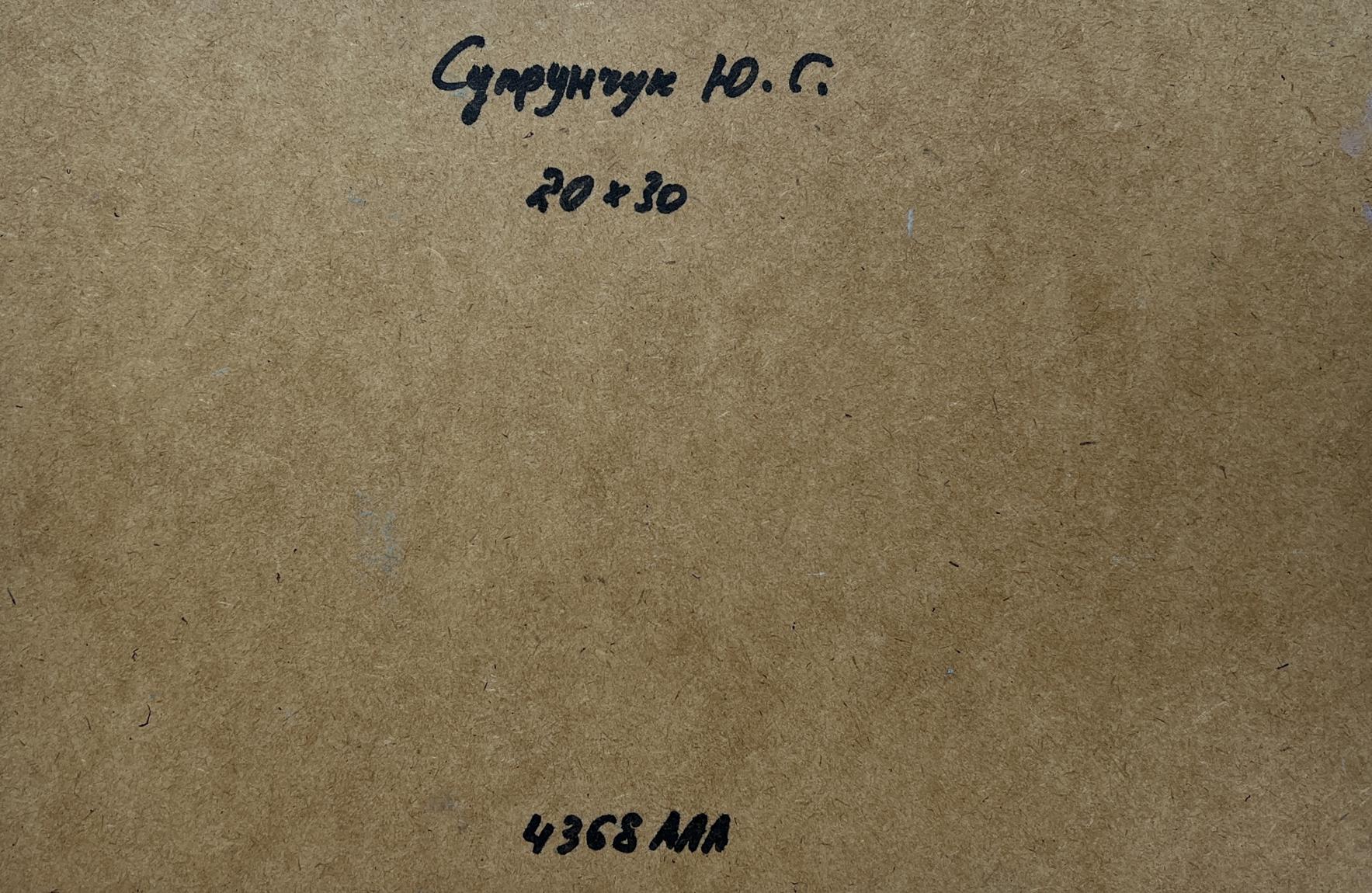 Back of Yuriy Suprunchuk oil painting with brown textured paper, Cyrillic text and measurements