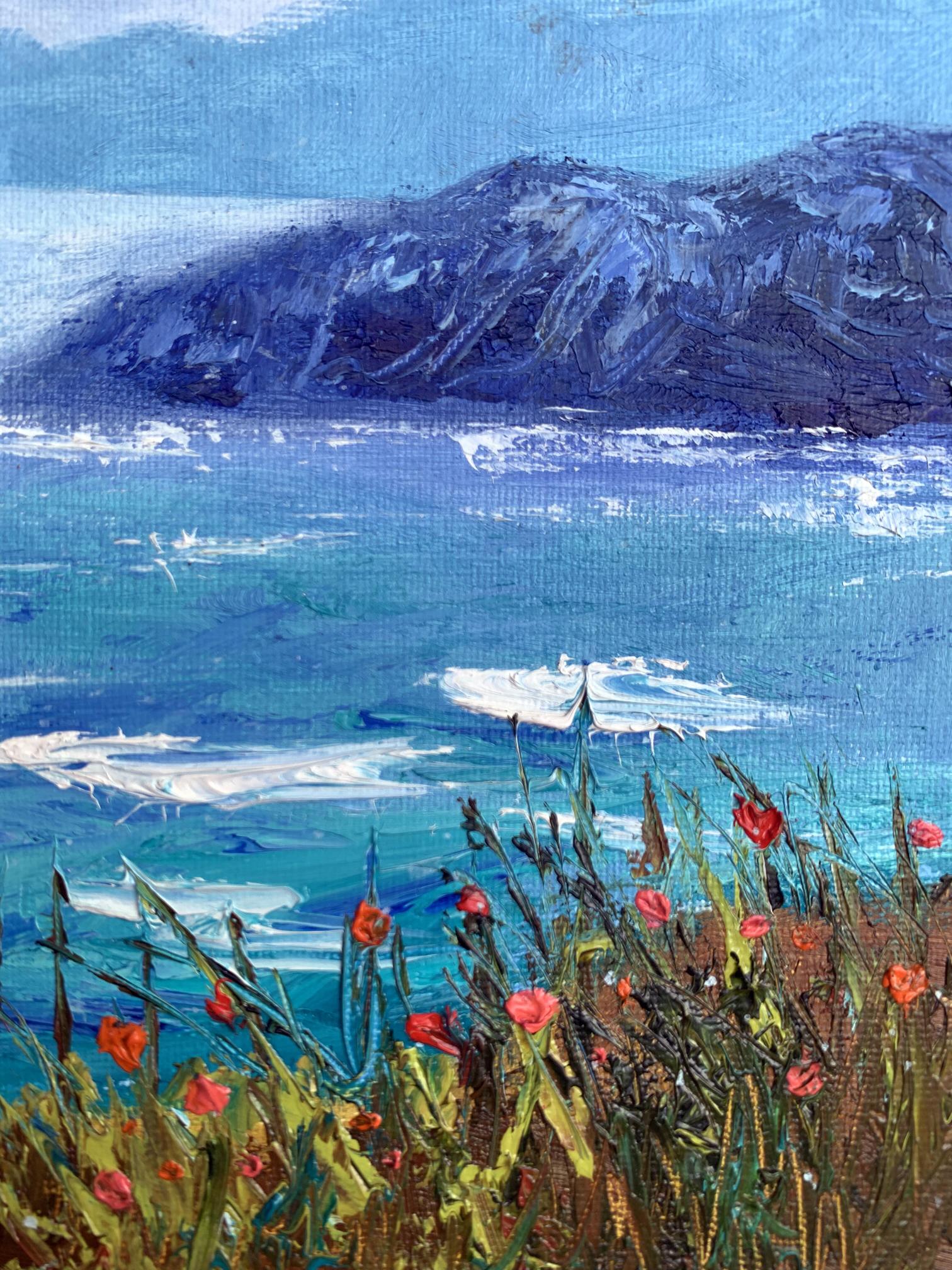 Oil painting Calm sea by Tatyana Derdey: impressionist coastal scene with blue waves, mountains, poppies