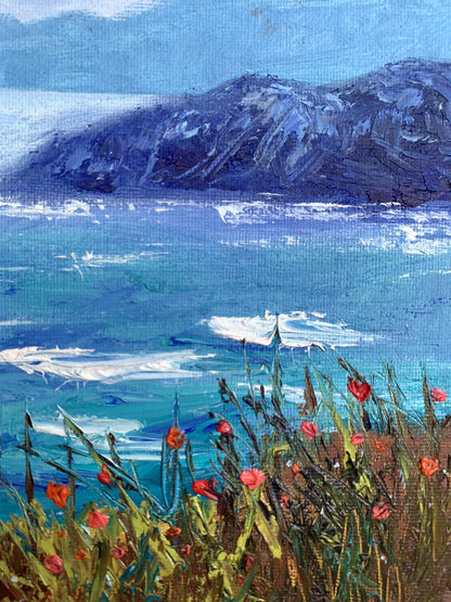 Oil painting Calm sea by Tatyana Derdey: impressionist coastal scene with blue waves, mountains, poppies