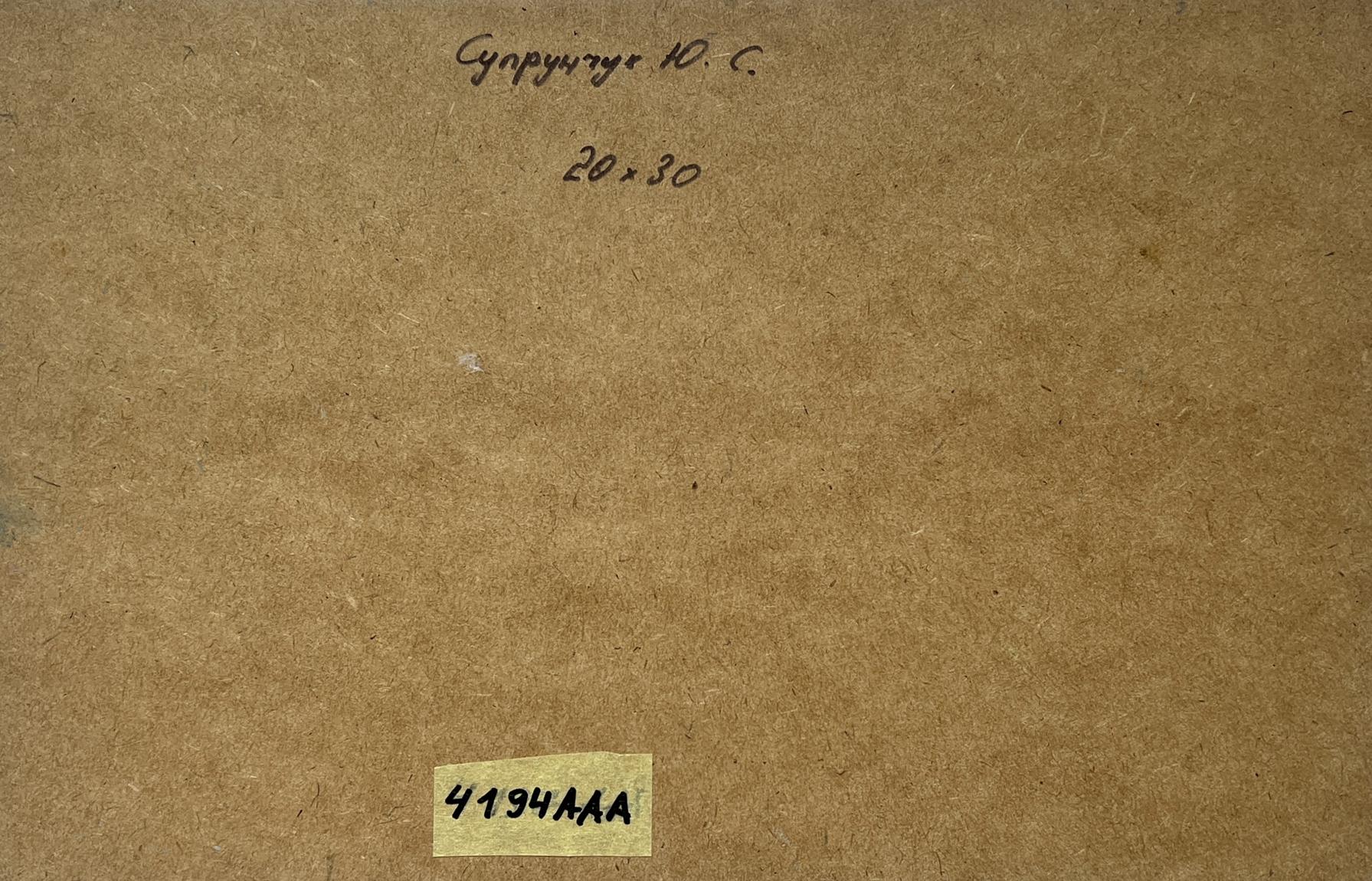 Back of Yuriy Suprunchuk oil painting with 419aaaa label on brown paper