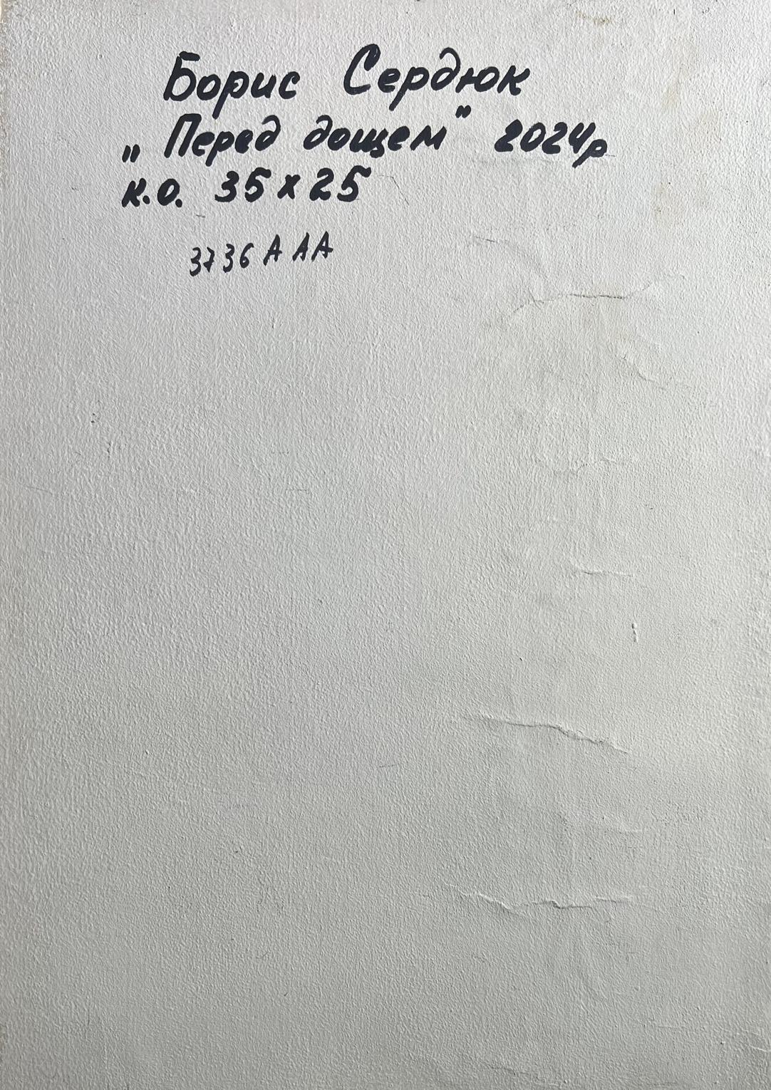 Back of Boris Serdyuk Before the Rain oil painting with handwritten ink inscription on textured paper