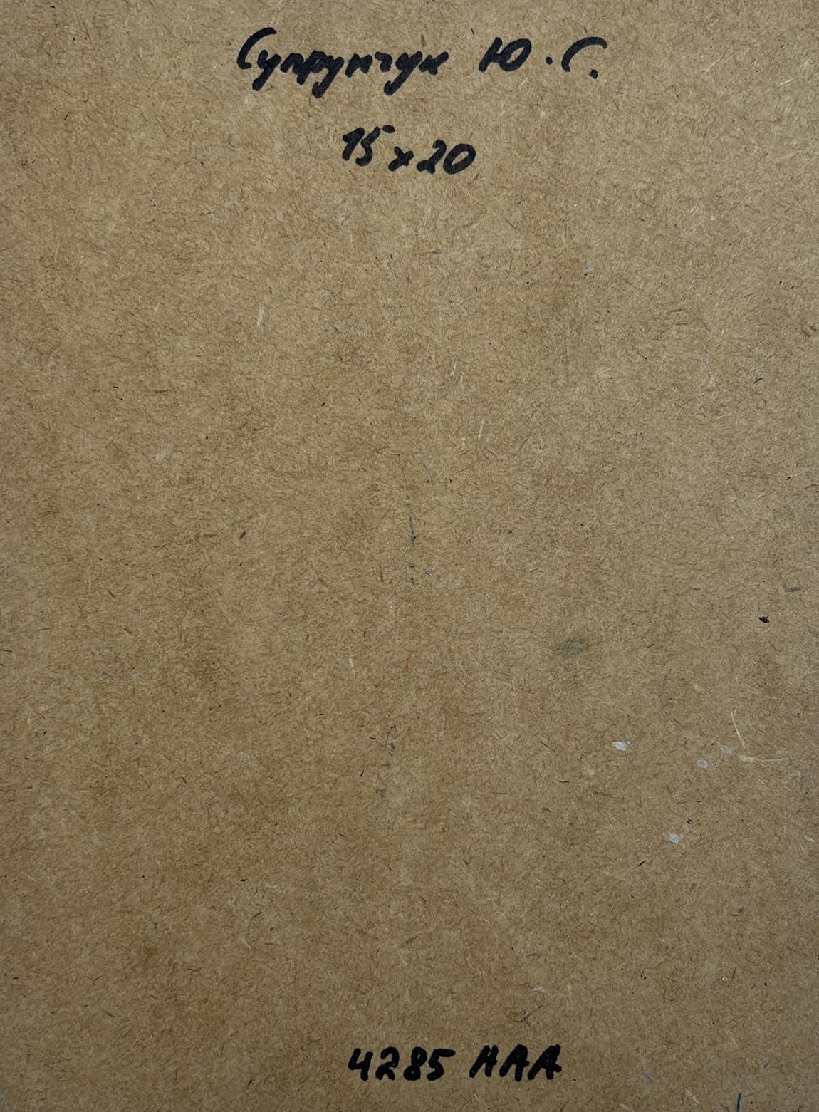 Back of Yuriy Suprunchuk oil painting Boat ride on the river with Cyrillic text and measurements on brown cardboard