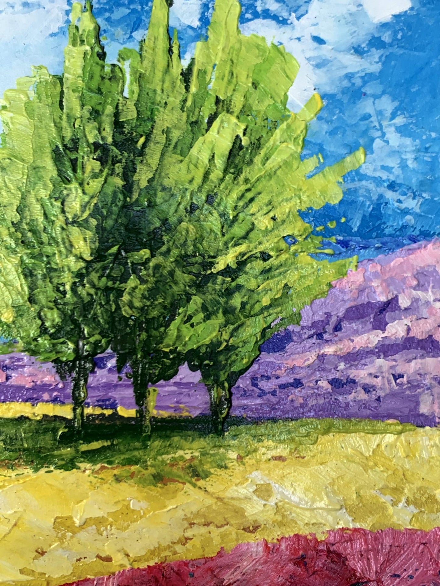 Impressionistic oil painting of mountain lake, three trees by V. Zadorozhnya